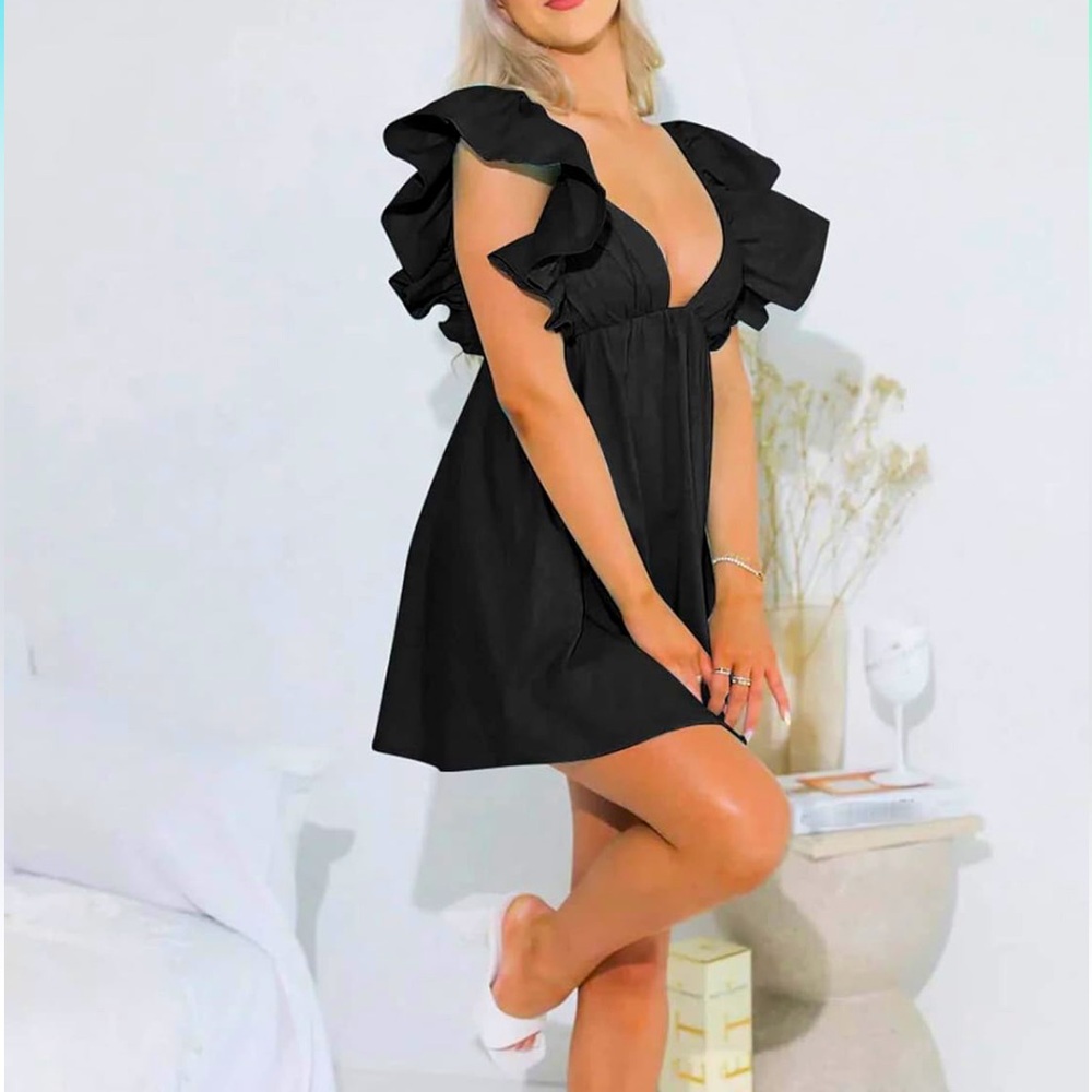 Deep V Ruffle Baby Doll Dress